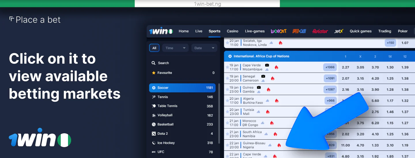 Browse the available betting markets at 1win Nigeria