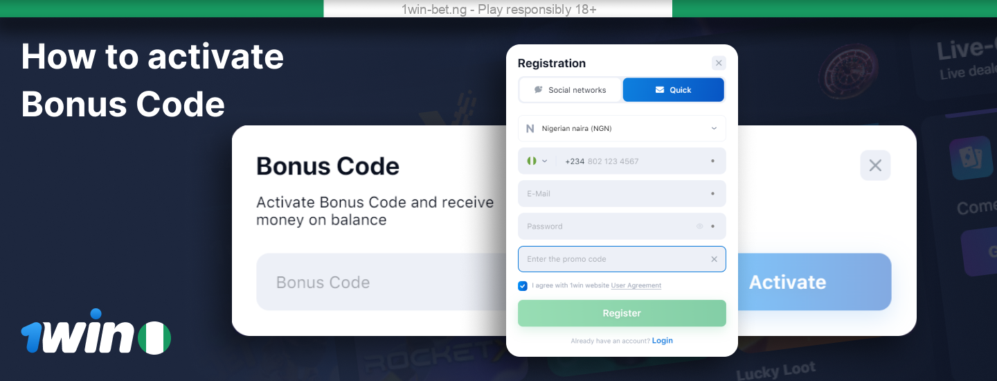 Screenshot des 1win Bonus-Code Eingabefeldes während der Registrierung oder im Kassenbereich.