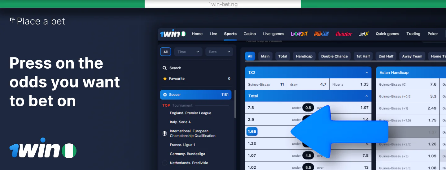 Click on the selected odds in 1win Nigeria