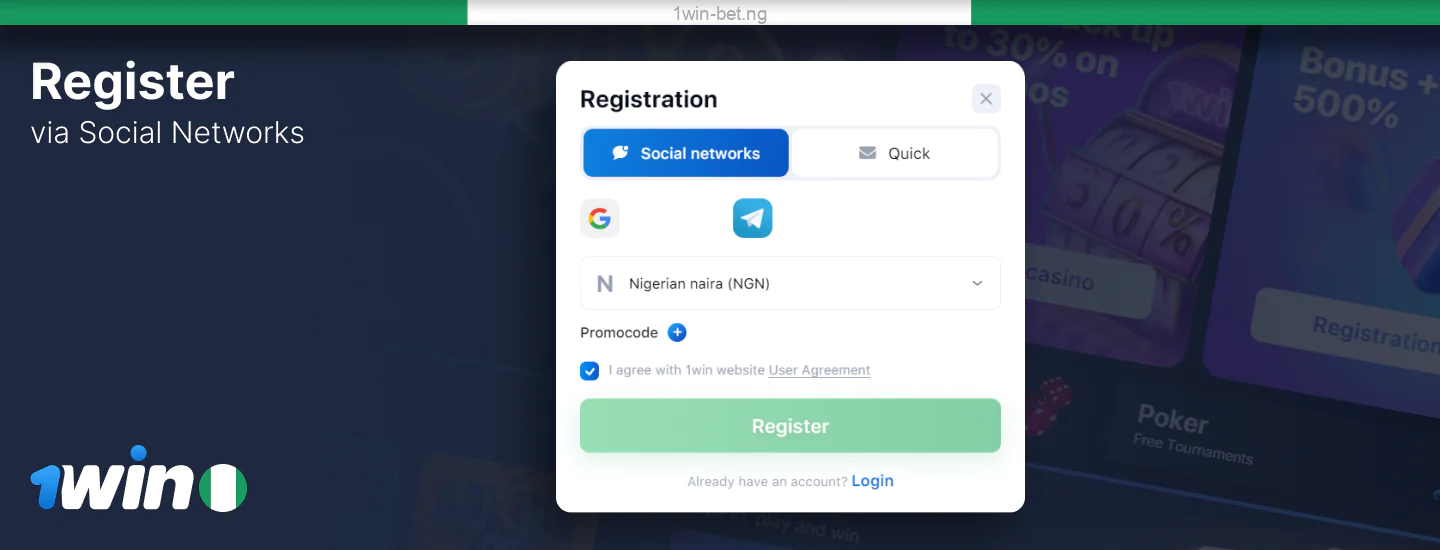 Register via social media with 1win Nigeria
